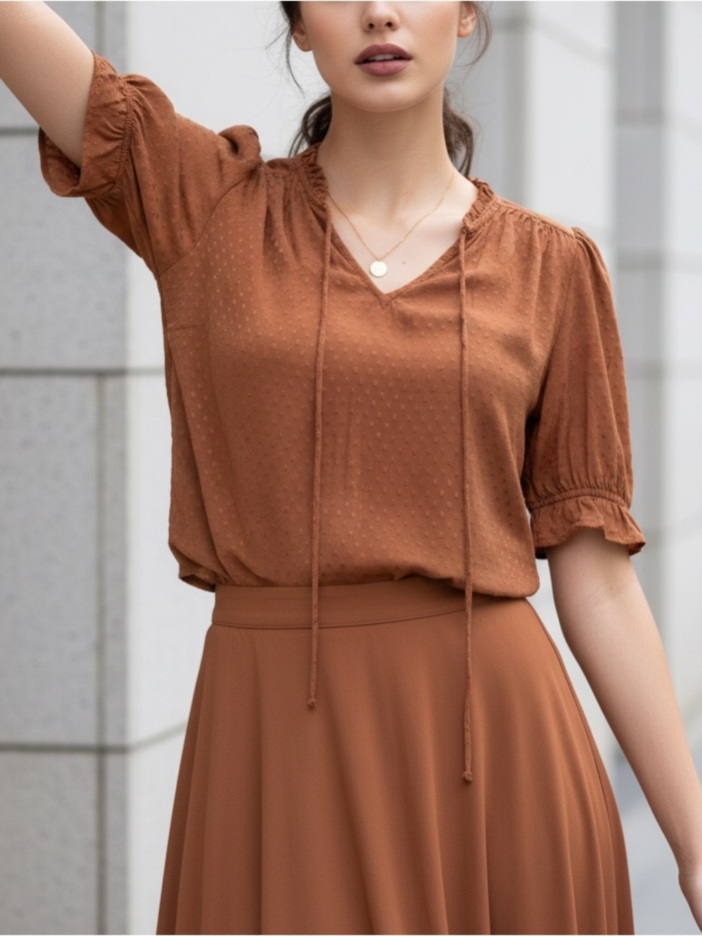 Draper James V-Neck Tie Detail Short Sleeve Top in Burnt Brown